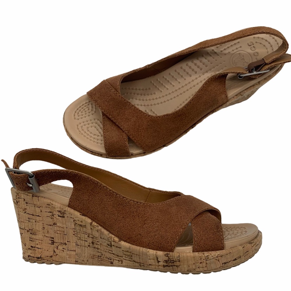 Crocs A-Leigh brown leather shimmer cork wedges